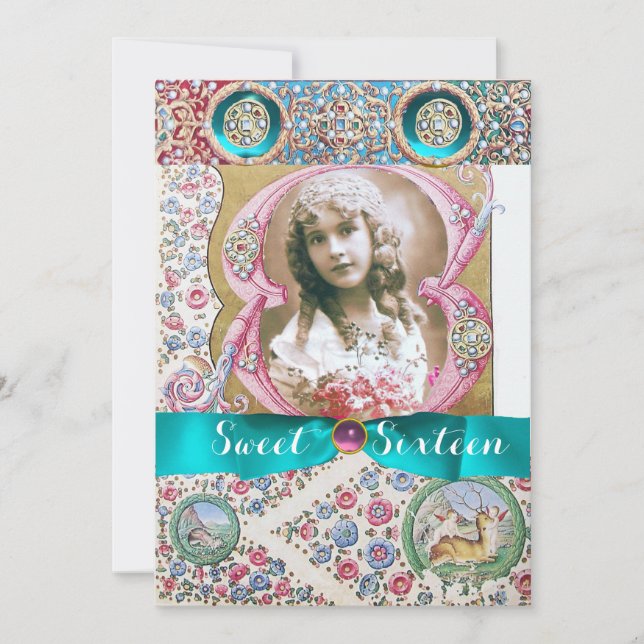 PRINCESS SWEET 16 BIRTHDAY PARTY ,FLORAL GEMSTONES INVITATION (Front)