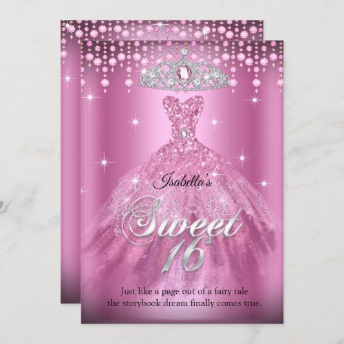 Princess Sweet 16 Birthday Pink Dress Tiara  Invitation
