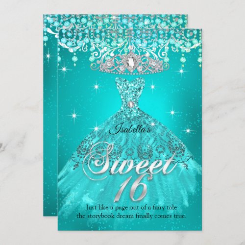 Princess Sweet 16 Birthday Teal Aqua Dress Tiara Invitation