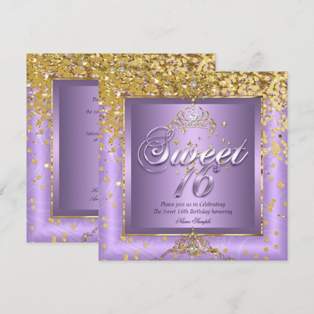 Princess Sweet 16 Gold Lavender Purple Party 2 Invitation (Front/Back)