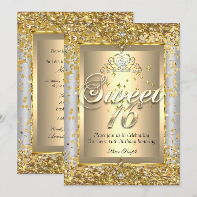 Princess Sweet 16 Gold Silver Gray Party Invitation (Front/Back)