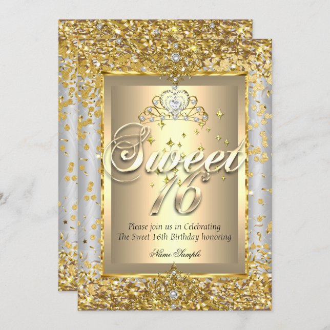 Princess Sweet 16 Gold Silver Gray Party Invitation (Front/Back)