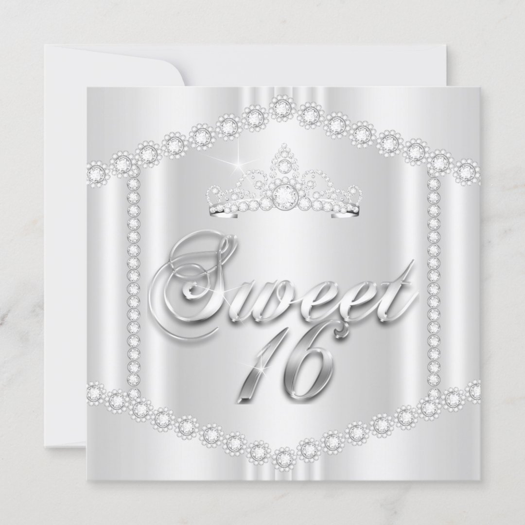Princess Sweet 16 Party Silver White Diamond Trim Invitation Zazzle
