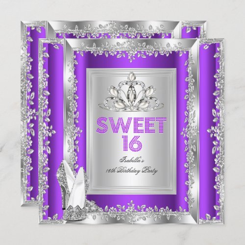 Princess Sweet 16 Purple Silver Shoes Invitation