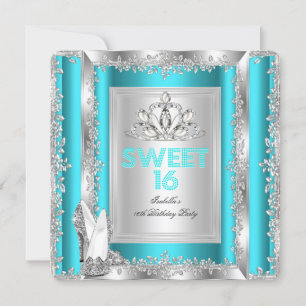 Princess Sweet 16 Teal Blue Aqua Silver Shoes Invitation