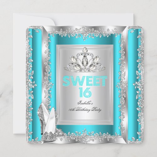Princess Sweet 16 Teal Blue Aqua Silver Shoes Invitation