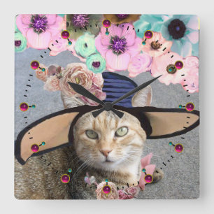 PRINCESS TATUS /ELEGANT CAT,BIG DIVA HAT AND ROSES SQUARE WALL CLOCK