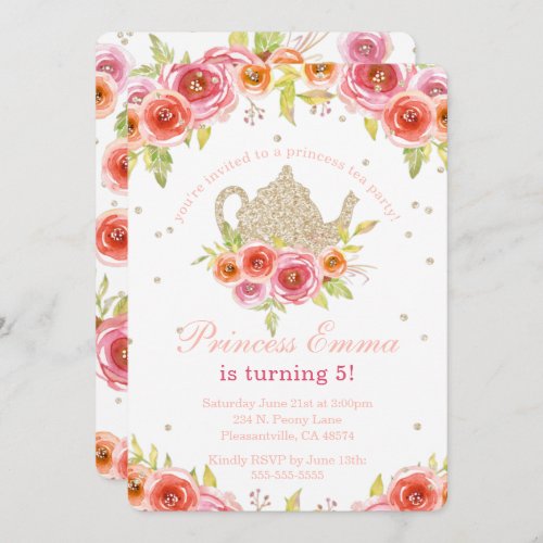 Princess Tea Party Birthday Floral Glitter Invitation