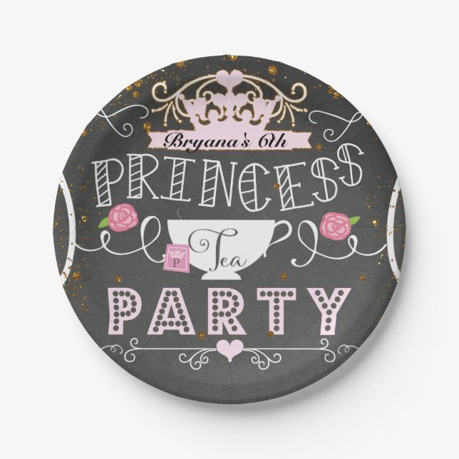 Princess Tea Party Chalkboard Birthday Paper Plates (Front)