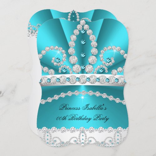 Princess Teal Blue Diamond Tiara Birthday Party 2 Invitation