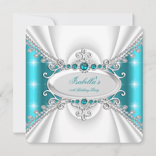 Princess Teal Blue Pearls Sparkles Birthday Party Invitation (Front)