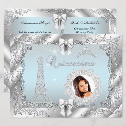 Princess Teal Blue Quinceanera Silver Photo BIG Invites