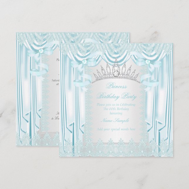 Princess Teal Lace Tiara White Birthday Party Invitation (Front/Back)