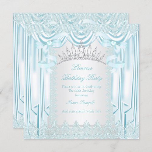 Princess Teal Lace Tiara White Birthday Party Invitation