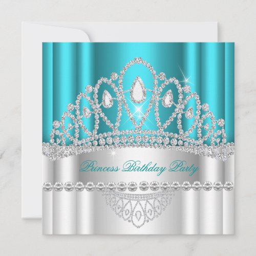 Princess Teal White Diamond Tiara Birthday Invitation