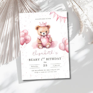 Princess Teddy Bear Beary 1st Birthday Pink Girls Invitation