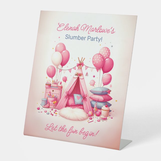 Princess Teepee & Pillows Slumber Birthday Party Pedestal Sign (Front)