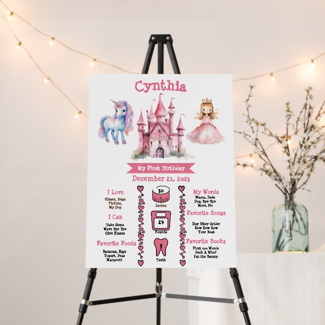 Princess Theme Birthday One Year Old Milestone Foam Board (In Situ (Stand))