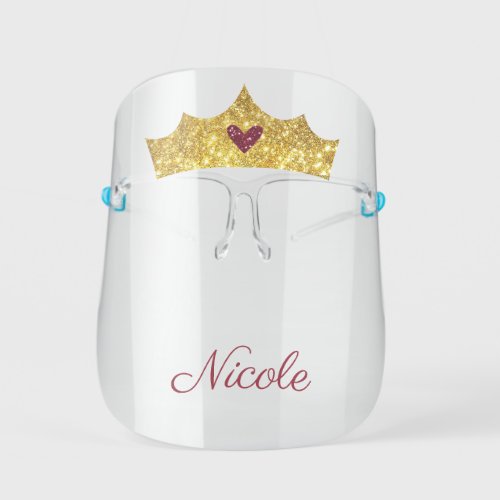 Princess Tiara Crown Gold Glitter Add your name Kids Face Shield