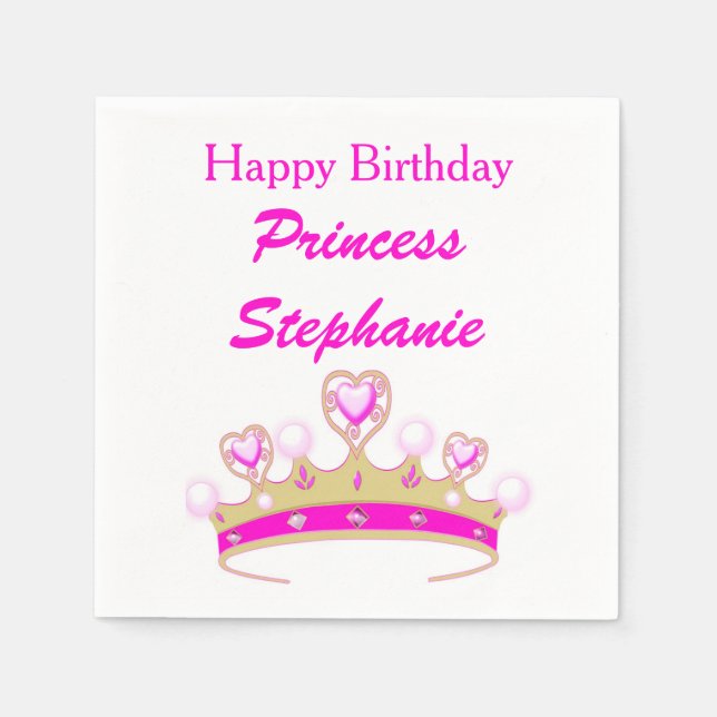 Princess Tiara Crown Pink Happy Birthday Girly Paper Napkins (Front)
