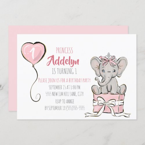 Princess Tiara Elephant Pink Balloon 1st Birthday Invitation