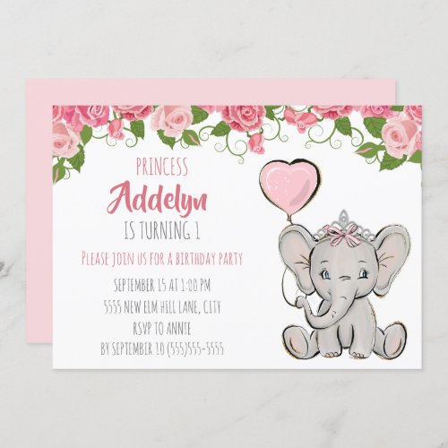 Princess Tiara Elephant Pink Floral 1st Birthday Invitation