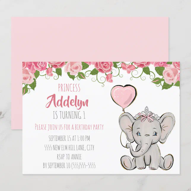 Princess Tiara Elephant Pink Floral 1st Birthday Invitation | Zazzle
