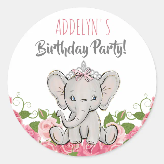Princess Tiara Elephant Pink Flowers Birthday Classic Round Sticker ...