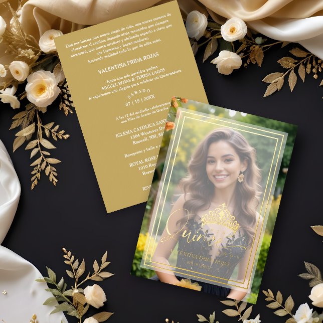 Princess Tiara Exquisite Overlay Vellum Effect XV Foil Invitation (Princess Tiara Exquisite Overlay Vellum Effect Quinceañera Sophisticated Photo Gold Metallic Card.)