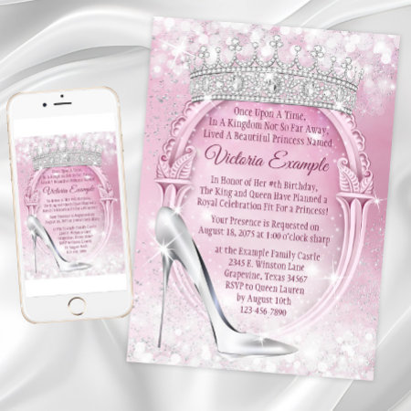 Princess Tiara Glass Slipper Cinderella Birthday Invitation