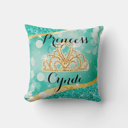 Princess Tiara Glitter Bling Bokeh  aqua Throw Pillow