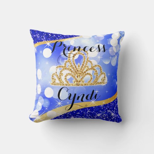 Princess Tiara Glitter Bling Bokeh  blue Throw Pillow
