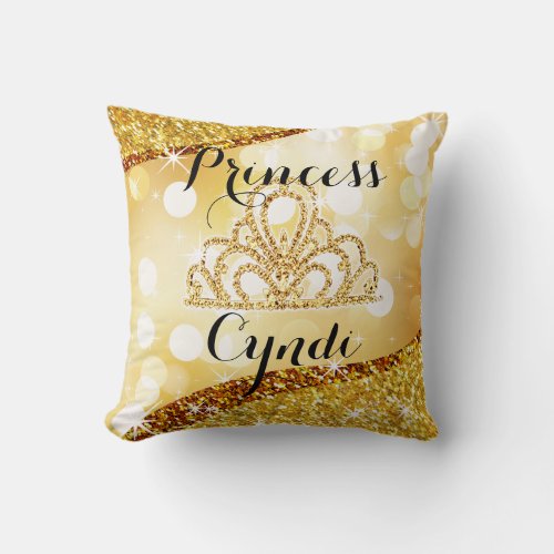Princess Tiara Glitter Bling Bokeh  gold Throw Pillow