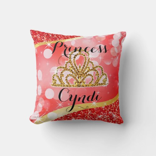 Princess Tiara Glitter Bling Bokeh  red Throw Pillow