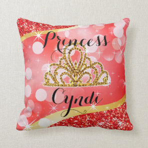 Princess Tiara Glitter Bling Bokeh | red Throw Pillow