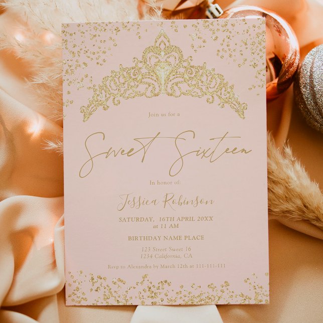 Princess tiara gold glitter pink photo Sweet 16 Invitation (Princess tiara gold glitter pink photo Sweet 16 Invitation)