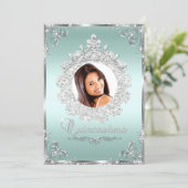 Princess Tiara Mint Silver Sparkle Quinceanera Invitation (Standing Front)