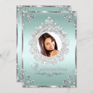 Princess Tiara Mint Silver Sparkle Quinceanera Invitation