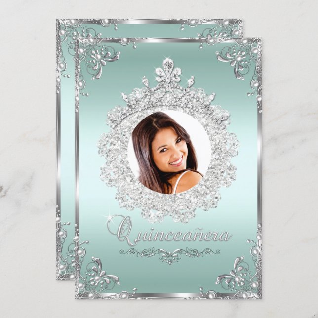 Princess Tiara Mint Silver Sparkle Quinceanera Invitation (Front/Back)