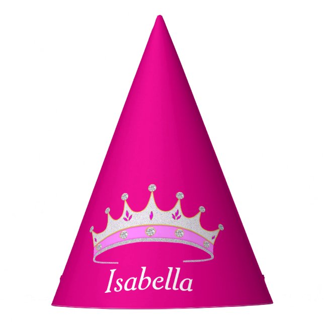 Princess tiara on magenta pink party hat (Front)