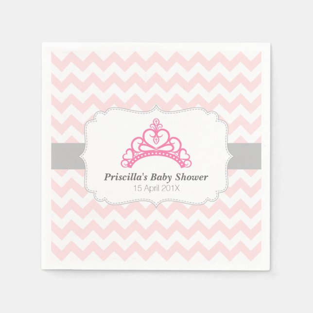 Princess Tiara, Pink Chevron, Baby Girl Shower Paper Napkins (Front)