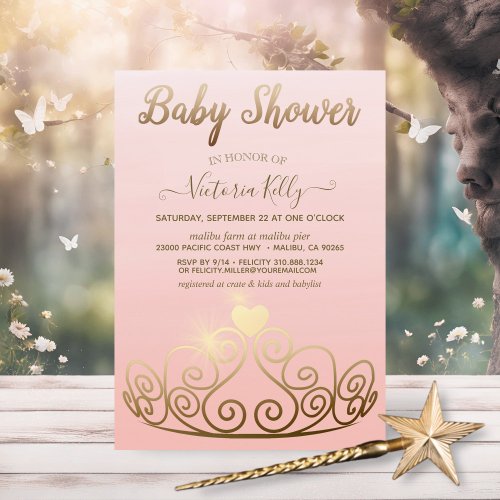 Princess Tiara Pink Gold Sparkle Girl Baby Shower Invitation