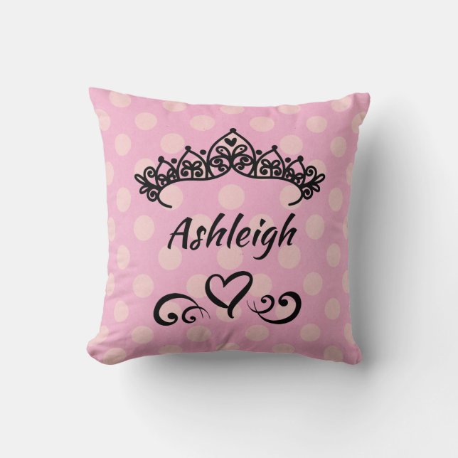 Princess Tiara Pink Polka Dots Throw Pillow (Front)