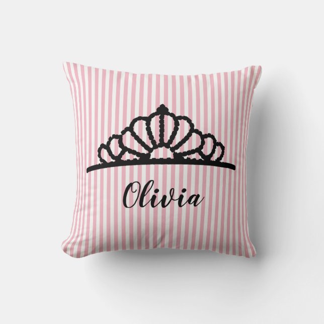 Princess Tiara Pink Stripe Personalized Pillow (Front)