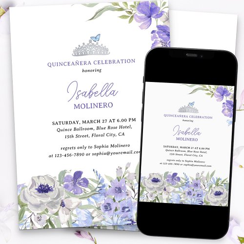 Princess Tiara Purple Peri Floral Quinceanera Invitation