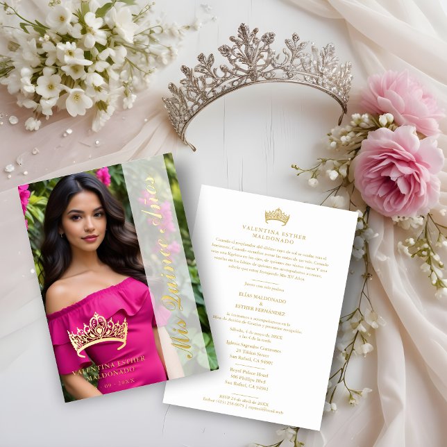 Princess Tiara Quinceañera Photo Fancy Calligraphy Foil Invitation (Spanish Princess Tiara Quinceañera Photo Fancy Calligraphy Script Real Golden Metallic Luxurious)