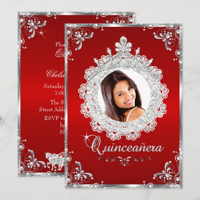 Princess Tiara Red Silver Sparkle Quinceanera Invitation (Front/Back)