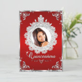 Princess Tiara Red Silver Sparkle Quinceanera Invitation (Standing Front)