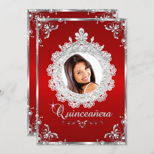 Princess Tiara Red Silver Sparkle Quinceanera Invitation (Front/Back)