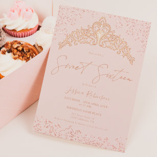 Princess tiara rose gold glitter photo Sweet 16 Invitation